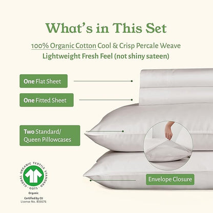 California Design Den 100% Organic Cotton Sheets Queen Size Bed Set - Crisp Percale, Deep Pocket Queen Sheet Set, Breathable and Durable Bedding - Stone (True Beige)
