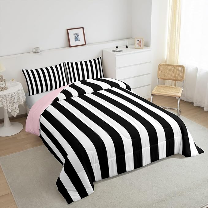 Erosebridal Black and White Striped Twin Comforter Set (Pink Reversible) | Striped Bedding Set Pink and Black Comforter Sets for Kids Teens Adults Cute Pinstripe Girls Bed Quilt Sets