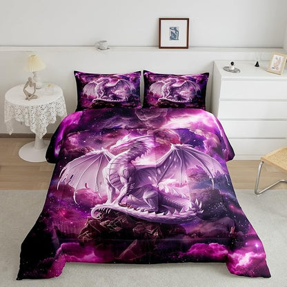Dragon Kids Comforter Set King Size,Western Magical Dragon Bedding Set for Boys Teens Adults Room Decor,Animal Galaxy Nebula Duvet Insert 3Pcs,Glitter Starry Sky Wildlife Quilt Set,2 Pillowcases