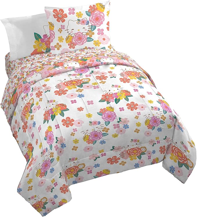 Jay Franco Hello Kitty King Size Comforter Set - 7 Piece Bedding Includes Sheet Set & Pillow Covers - Super Soft Floral Bedding