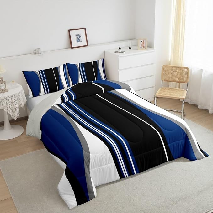 Erosebridal Blue Black Abstract Twin Bedding Sets for Adult Women Men Grey Modern Striped Comforter Set Geometric Stripes Lines Quilt Duvet Set Contemporary Art Boho Bedding Collections for Minimalist