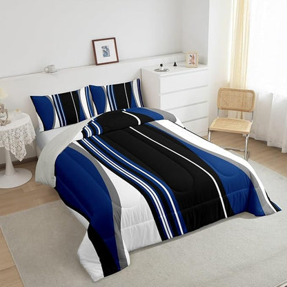 Erosebridal Blue Black Abstract Twin Bedding Sets for Adult Women Men Grey Modern Striped Comforter Set Geometric Stripes Lines Quilt Duvet Set Contemporary Art Boho Bedding Collections for Minimalist