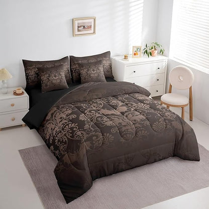 Erosebridal Gothic Damask Bed in a Bag King Size Comforter Set 7 Pieces,Halloween Bat Bedding Sets Black Brown Victorian Floral Goth Sheet Set with Comforter