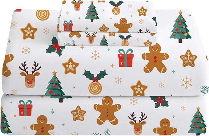 Softan Christmas Holiday Twin Size Sheet Set,3-Piece Printed Microfiber Fitted Bed Sheet with 15" Deep Pocket & Non-Slip Straps, Snowflake Reindeer Patterned Sheets & Pillowcase Set