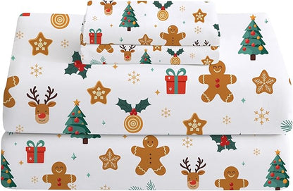 Softan Christmas Holiday Twin Size Sheet Set,3-Piece Printed Microfiber Fitted Bed Sheet with 15" Deep Pocket & Non-Slip Straps, Snowflake Reindeer Patterned Sheets & Pillowcase Set