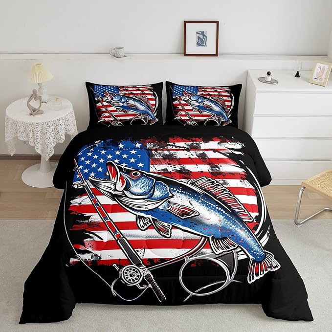 Feelyou American Flag Comforter Set Farmhouse Fishing Bedding Set for Kids Boys Girls Teens Room Wild Fish Decor Comforter Red Blue Stripe Quilted Set 2Pcs Toddler Size