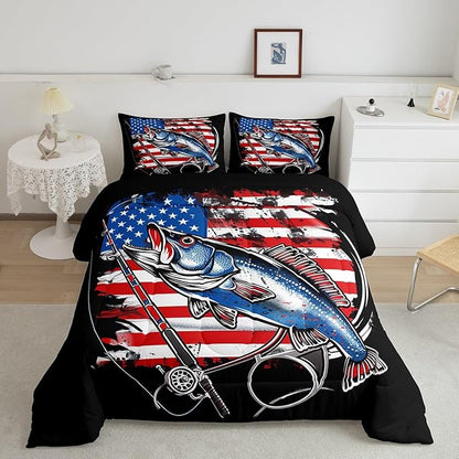 Feelyou Bass Fish Bedding Set Twin Size Farmhouse Fishing American Flag Comforter Set for Kids Boys Girls Teens Fishing Lover Room Wild Pike Fish Decor Comforter Red Blue Stripe Quilted Set 3Pcs
