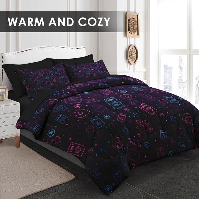 Comforter Set Full Size, Witchy Purple Blue 7 Pcs Bedding for Kids and Adults, Tarot Board Magic Bed Sheet Sets with Fitted Sheet 2 Pillowcases & 2 Shams for Bedroom Bed Decor