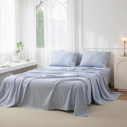 JIYUAN King Size Sheet Set, 4-Piece - 100% Washed Cotton, Linen-Like Soft & Breathable, Includes Deep Pocket Fitted & Flat Sheet with 2 Pillowcases, Hotel Quality, Heathered Light Blue