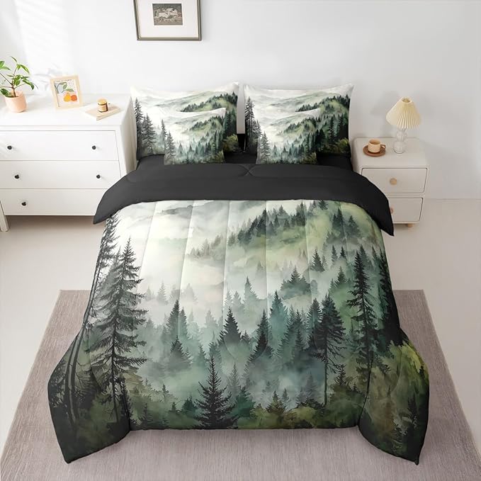 Erosebridal Dark Green Misty Forest Twin Bed in A Bag 7 Piece Mountain Foggy Woodland Comforter Set with Sheets Rustic Pine Tree Bedding Sets for Kids Adults,Watercolor Nature Theme Bed Set