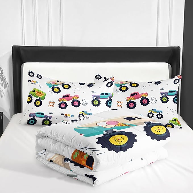 Kids Comforter Set for Boys,Cartoon Monster Car 3 Pieces Bedding Set King,Colorful Off-Road Vehicle All Season Soft Microfiber Down Alternative with 2 Pillowcases