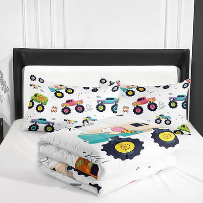 Kids Comforter Set for Boys,Cartoon Monster Car 3 Pieces Bedding Set King,Colorful Off-Road Vehicle All Season Soft Microfiber Down Alternative with 2 Pillowcases