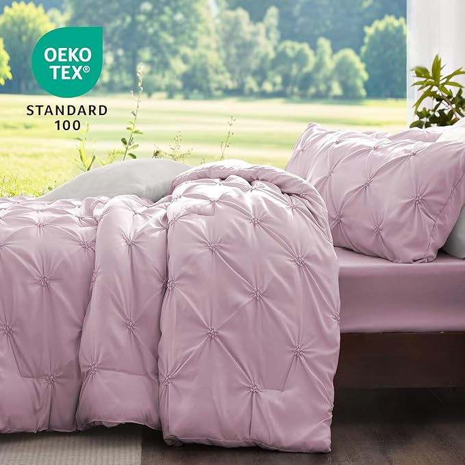 BEDELITE Light Purple King Size Comforter Set - 3 Pieces Boho Pintuck Bedding Comforter Sets, Lightweight Soft & Warm King Bedding Set with 2 Pillowcases for All Season