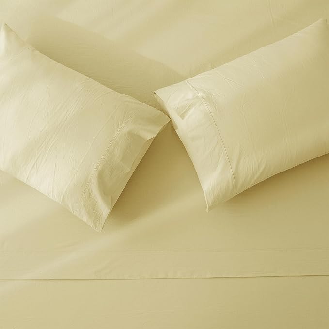 JIYUAN California King Size Sheet Set, 4-Piece - 100% Washed Cotton, Linen-Like Soft & Breathable, Includes Deep Pocket Fitted & Flat Sheet with 2 Pillowcases, Hotel Quality, Solid Light Yellow