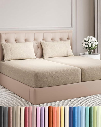 Split King Size 5 Piece Sheet Set - Comfy Breathable & Cooling Bed Sheets Set - Hotel Luxury Bedding for Women, Men, Kids, Teens, Boys & Girls - Deep Pockets & Wrinkle Free - Beige (Heathered Sheets)