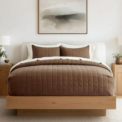 EVERGRACEHOME 100% Cotton Box Stitch Quilt Bedding Set King Size 3 Pieces, Garment-Washed Lightweight Soft Cozy Coverlet, Oversized Quilted Bedspread Sets with 2 Shams for All Season, Sienna Brown