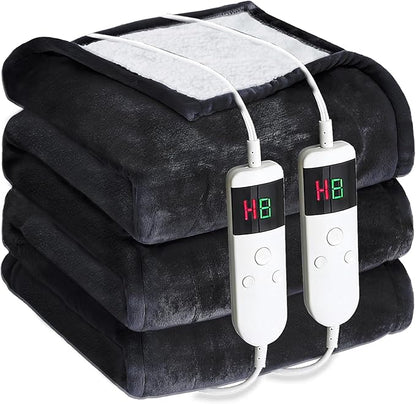 Electric Heated Blanket Queen Size 84''x90'' - Dual-Control Heating Blanket, Soft & Warm Flannel 10-Level Temperature Control, 8 Hours Auto Off, Rapid Heating & Overheat Protection