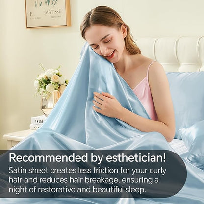 BEDELITE Satin Sheets Full Size Bed Set, Luxury Soft Light Blue Silky Sheet for Hair and Skin, Similar to Silk Bed Sheets Set 4 Pieces with 1 Deep Pocket Fitted Sheet, 1 Flat Sheet, and 2 Pillowcases