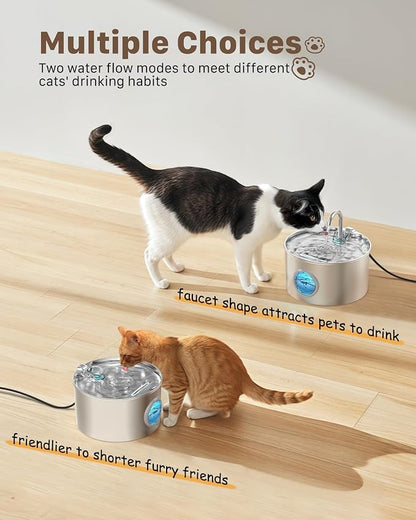 Pet Water Fountain Stainless Steel: 8 Filters + 8 Sponges Cat Water Fountains for Cats Indoor - Metal Cat Fountain Bowl - 74oz/2.2L Faucet Kitty Fountains & Led Light - Cats Pet Fountain for Drinking