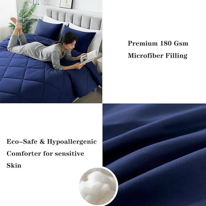 3-Piece King Comforter Set,All-Season,Soft & Hypoallergenic &Breathable Bedding,Polyester Quilted,Down Alternative(Comforter*1 & Pillowcases*2),Dark Blue