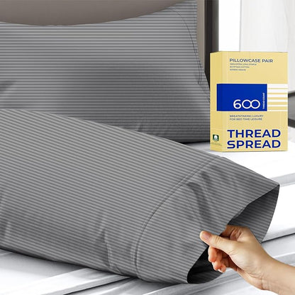 Thread Spread 100% Egyptian Cotton Pillow Cases Queen Size Set of 2 - Luxury 600 Series Bliss Collection Queen Pillow Cases (Dark Grey Stripe), Soft Cooling Hotel Cotton Pillowcases, Sateen Finish