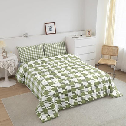 Manfei Green Plaid Comforter Set Buffalo Check Plaid Bedding Set Classic Gingham Pattern Bedding Home Decor Light Green White Scottish Comforter King Size Quilted Duvet Set with 2 Pillowcase
