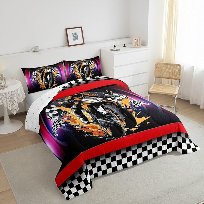 Feelyou Dirt Bike Comforter Set King Size Flag Comforter for Boys Girls Teens Racing Motocross Rider Bedding Set Extreme Sports Duvet Set Room Decor Black Purple Quilt Set