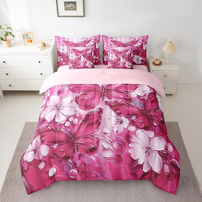Erosebridal Girls Hot Pink Butterfly Bedding Sets Queen 7 Piece White Flowers Oil Painting Boho Kids Comforter Set Retro Aesthetics Bohemian Butterfly Bed in A Bag,Floral Butterfly Sheet Set