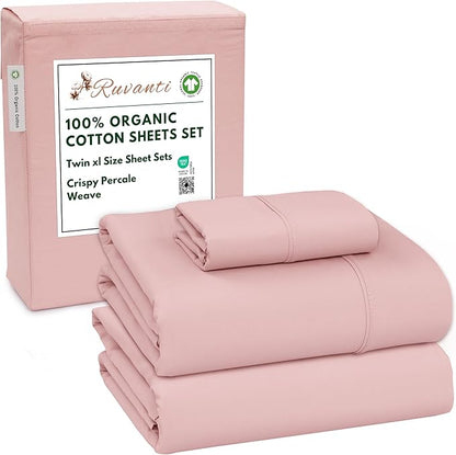 RUVANTI 100% Organic Cotton Sheets Twin XL, Percale Weave, GOTS Certified, 3-Piece Set, Deep Pocket 15", Crisp & Breathable, Soft Durable Bedding, Sábanas Algodón Orgánico – Peach Skin