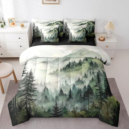 Erosebridal Dark Green Misty Forest Twin Bed in A Bag 7 Piece Mountain Foggy Woodland Comforter Set with Sheets Rustic Pine Tree Bedding Sets for Kids Adults,Watercolor Nature Theme Bed Set