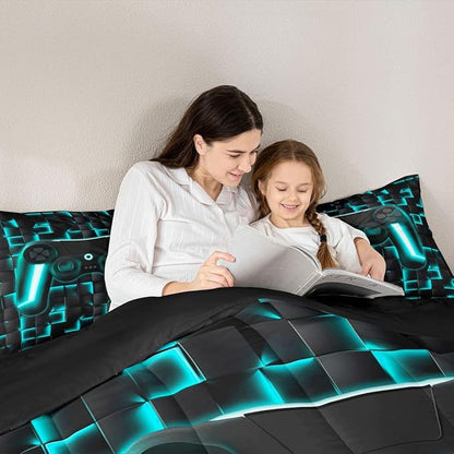 Erosebridal Gaming Bedding Set King Comforter Set for Boys Kids Geometric Gamer Bedding Sets Teal Black Ombre Checkered Gamepad Quilt Duvet Neon Game Console Bed Cmforter Set 3 Pcs