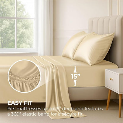 Satin Sheets Twin [3-Piece, Ivory] Hotel Luxury Silky Bed Sheets - Extra Soft 1800 Microfiber Sheet Set, Wrinkle, Fade, Stain Resistant - Deep Pocket Fitted Sheet, Flat Sheet, Pillow Cases