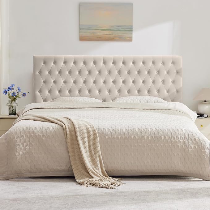 Upholstered Queen Headboard Only, Premium Velvet Button Tufted Headboards, Adjustable Solid Wood Head Board, Padded Headboard with Solid Wood Legs in Bedroom (Beige)
