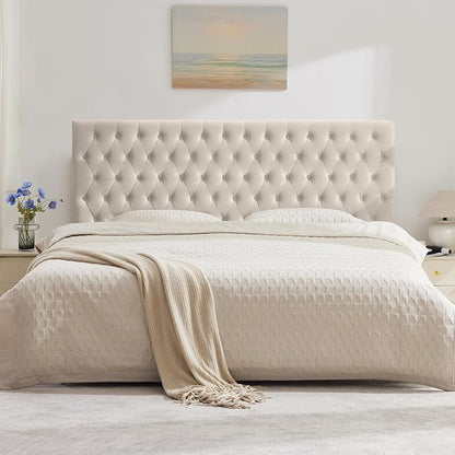 Upholstered Queen Headboard Only, Premium Velvet Button Tufted Headboards, Adjustable Solid Wood Head Board, Padded Headboard with Solid Wood Legs in Bedroom (Beige)