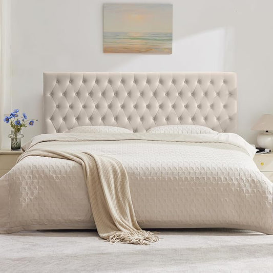 Upholstered Queen Headboard Only, Premium Velvet Button Tufted Headboards, Adjustable Solid Wood Head Board, Padded Headboard with Solid Wood Legs in Bedroom (Beige)