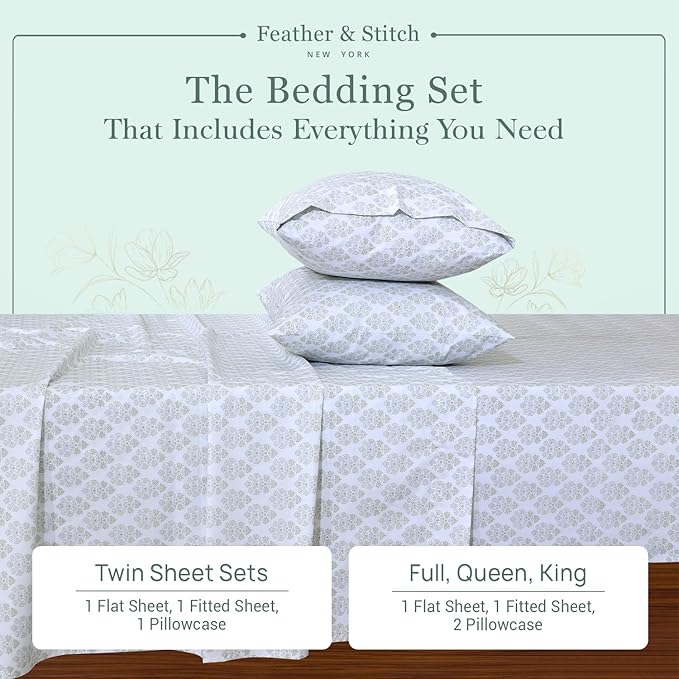 Feather & Stitch Softest 100% Cotton Sheets, 300 Thread Count Percale Weave Bedding, 16" Deep Pocket, Cooling Sheets, Breathable Bed Set, Hotel Premium Quality (Queen, Royal Aura)