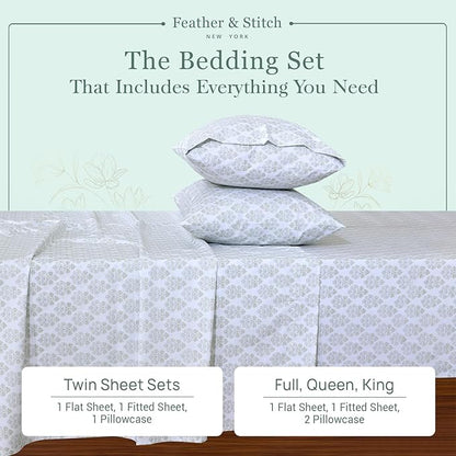 Feather & Stitch Softest 100% Cotton Sheets, 300 Thread Count Percale Weave Bedding, 16" Deep Pocket, Cooling Sheets, Breathable Bed Set, Hotel Premium Quality (Full, Royal Aura)