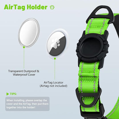 Taglory AirTag Dog Collar with Waterproof Holder for Large Dogs, Green, XL | Reflective for Night Walks & Low-Light Safety, Track Your Pup Peace of Mind, Adjustable Soft Padded, No More Dangling Tags