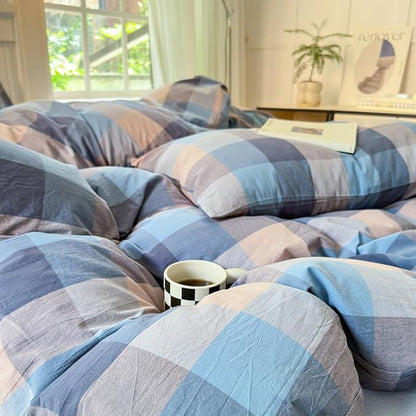 FACE TWO FACE Bedding Duvet Cover Set100% Washed Cotton Duvet Cover Linen Like Textured Breathable Durable Soft Comfy (King, Cardamom Blue Grid)