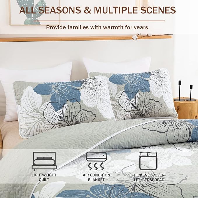 DJY 3 Pieces Quilt Set Queen Floral Pattern Coverlet Elegant Boho Bedspread with 2 Pillow Shams Lightweight Microfiber Bedding All Season (Blue, 90"x96")