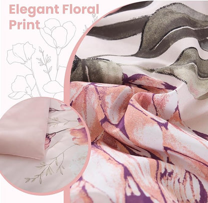 King Size Comforter Set - 7 Pieces Floral Comforter and Sheet Set, Pink King Size Bed in a Bag, Soft Microfiber Flower Complete Bedding Set for All Seasons（Pink,104"x90"）