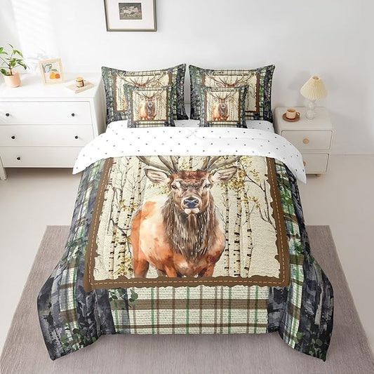 Erosebridal Elk Deer Bed in a Bag Queen Comforter Set 7 Piece,Woodland Animals Bedding Sets Buffalo Plaid Sheet Set with Comforter