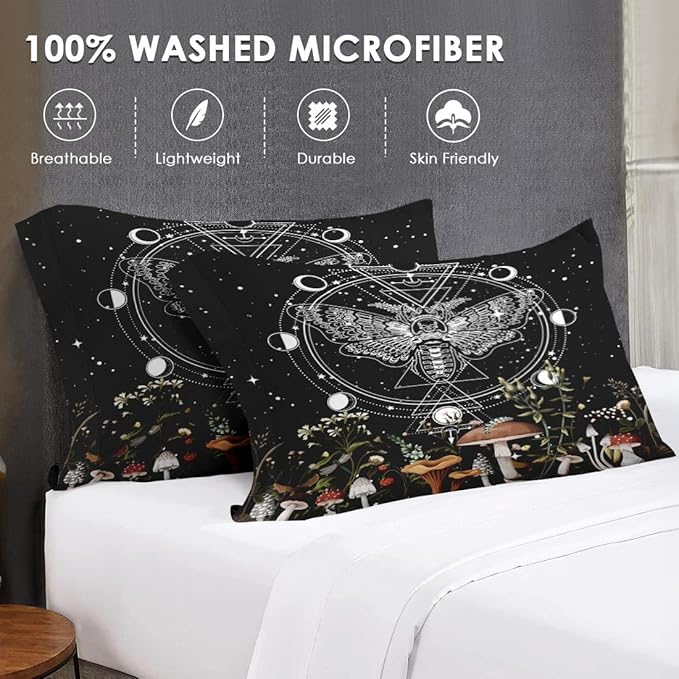 Twin Size Comforter Set with Pillowcase, Moth Dead Moon 2 Pcs Bedding for Kids and Adults, Vintage Mushroom Wildflower Soft Comforter Set for Bedroom Bed Decor