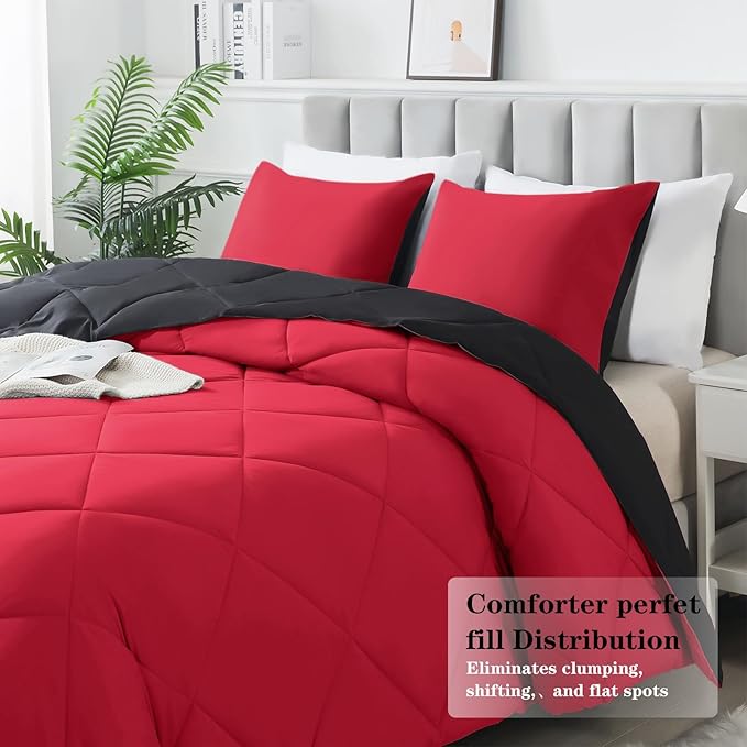 3-Piece Queen Comforter Set,All-Season,Soft & Hypoallergenic &Breathable Bedding,Polyester Quilted,Down Alternative(Comforter*1 & Pillowcases*2),Black/Bright Red