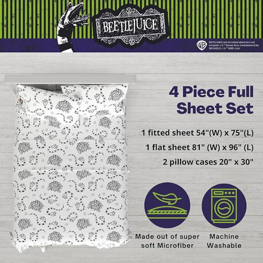 Franco Collectibles Beetlejuice Halloween Bedding Super Soft Microfiber Full Sheet Set, College Dorm Essentials, (Officially Licensed Product)