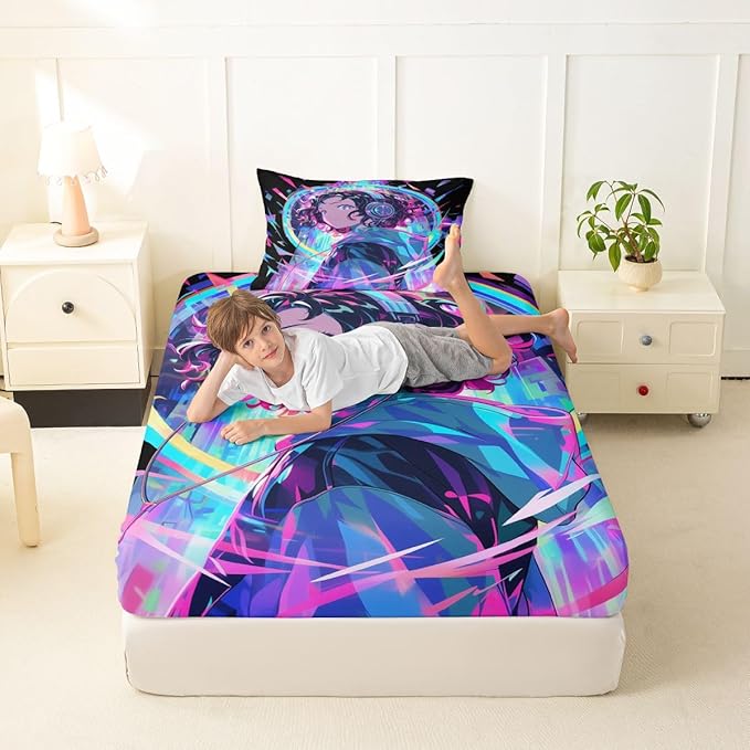 3D Anime Girl Bed Sheets American Street Culture Fitted Sheet Twin for Teens Youth Girls Watercolor Graffiti Style Bedding Set Galaxy Stars Print Sheets with 1 Pillow Case, No Flat Sheet