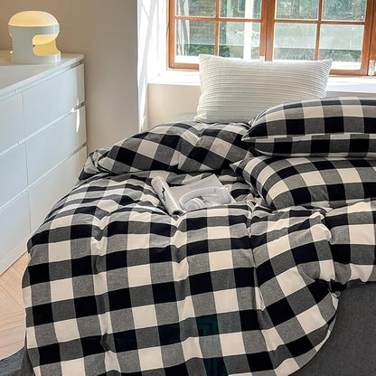 FACE TWO FACE Bedding Duvet Cover Set100% Washed Cotton Duvet Cover Linen Like Textured Breathable Durable Soft Comfy (Full, Black and White Grid)