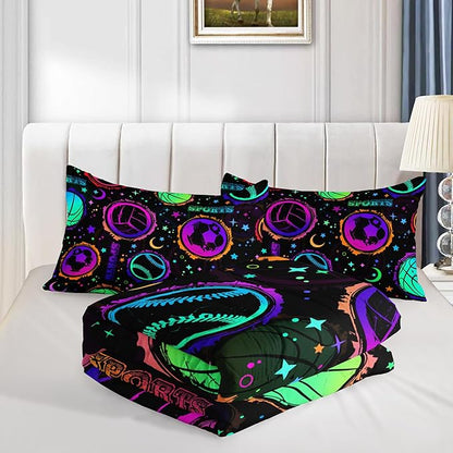 Ball Games Bedding Basketball Football Baseball King Comforter Set,Colorful Neon Stars and Moon Bedding Set for Kids Girls Boys Room Decor,Sports Aesthetic Bedding Sets with 2 Pillowcases.