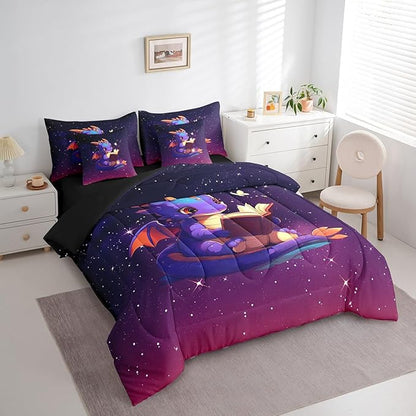 Lovely Dragon Comforter Set 7 Pieces King Size,Purple Black Ombre Galaxy Bedding Set for Kids,Cartoon Western Dragon Animal (Comforter+Fitted+Flat Sheet+2 Pillowcases+2 Throw Pillow Covers)
