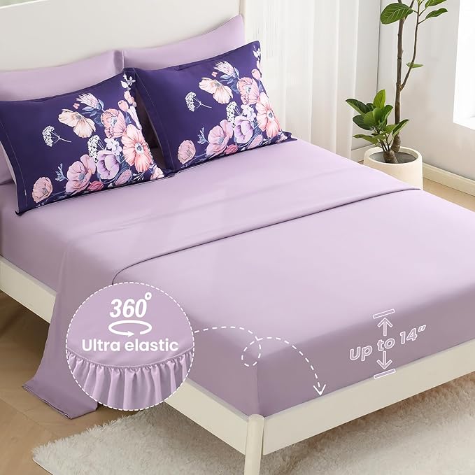 Queen Comforter Set - 7 Pieces Bed in a Bag Dark Purple Floral Queen Comforter Set with Sheets, Soft Microfiber Flower Complete Bedding Set for All Seasons（Dark Purple,90"x90"）